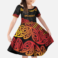 New Zealand Rugby Pacific Custom Family Matching Short Sleeve Bodycon Dress and Hawaiian Shirt Rangatira Maori Kowhaiwhai Pattern LT9 Daughter's Dress Gold - Polynesian Pride