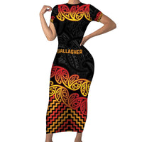 New Zealand Rugby Pacific Custom Family Matching Short Sleeve Bodycon Dress and Hawaiian Shirt Rangatira Maori Kowhaiwhai Pattern LT9 Mom's Dress Gold - Polynesian Pride
