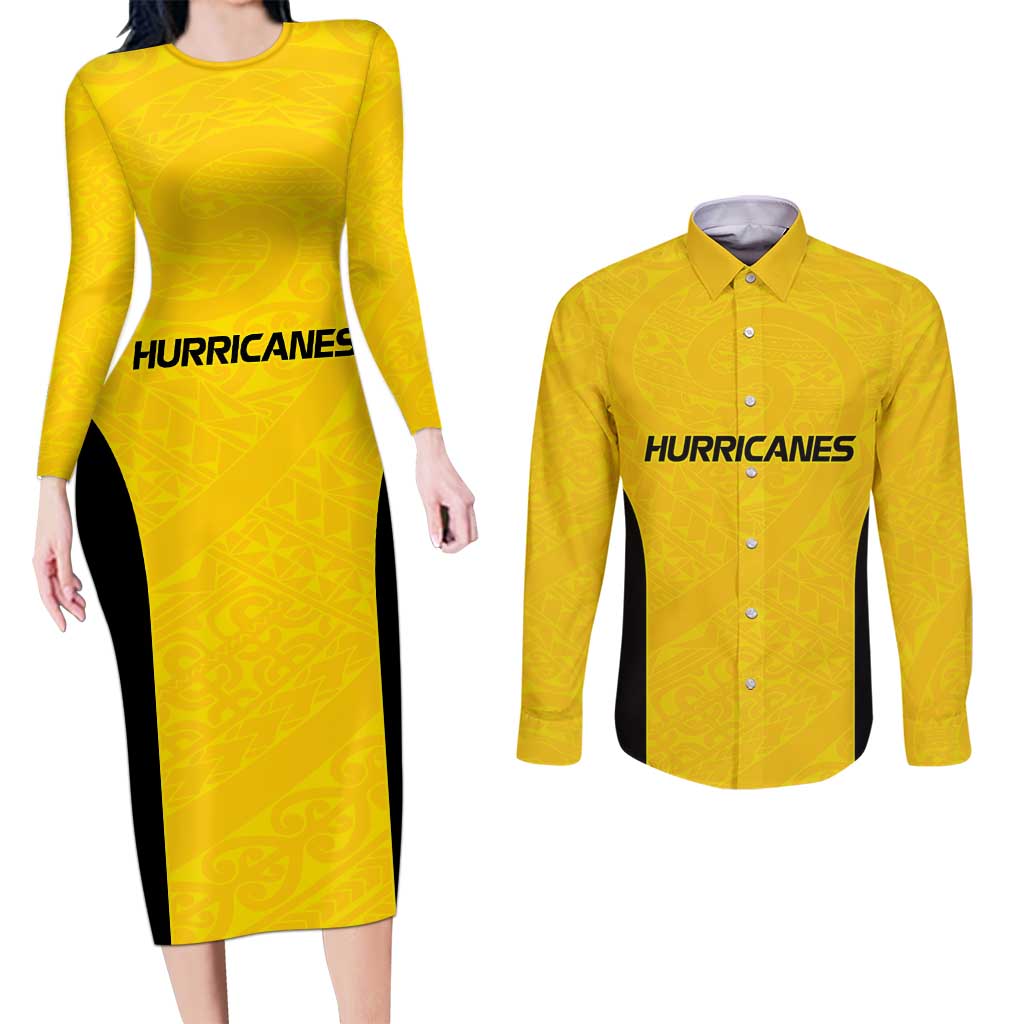 New Zealand Rugby Pacific Custom Couples Matching Long Sleeve Bodycon Dress and Long Sleeve Button Shirt Hau Awhiowhio Maori Tribal Tattoo LT9 Gold - Polynesian Pride