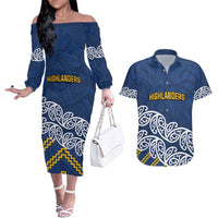 New Zealand Rugby Pacific Custom Couples Matching Off The Shoulder Long Sleeve Dress and Hawaiian Shirt Kahupeka Maori Kowhaiwhai Pattern LT9 Blue - Polynesian Pride