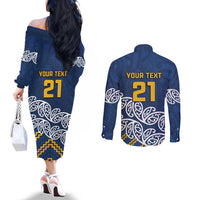 New Zealand Rugby Pacific Custom Couples Matching Off The Shoulder Long Sleeve Dress and Long Sleeve Button Shirt Kahupeka Maori Kowhaiwhai Pattern LT9 - Polynesian Pride