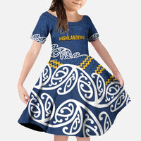 New Zealand Rugby Pacific Custom Family Matching Off The Shoulder Long Sleeve Dress and Hawaiian Shirt Kahupeka Maori Kowhaiwhai Pattern LT9 Daughter's Dress Blue - Polynesian Pride