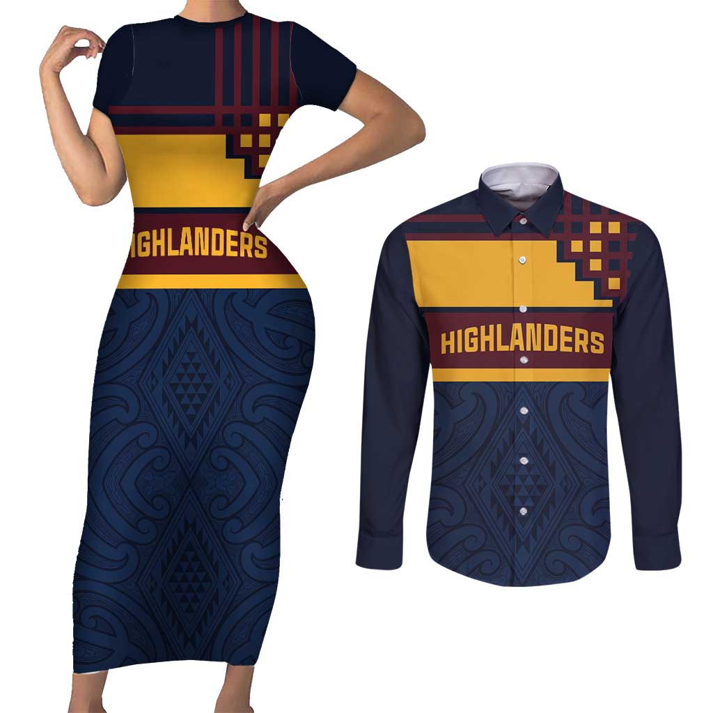 New Zealand Rugby Pacific Custom Couples Matching Short Sleeve Bodycon Dress and Long Sleeve Button Shirt Kahupeka Retro 2025 Taniko Motif LT9 Blue - Polynesian Pride