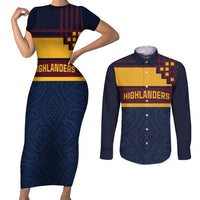 New Zealand Rugby Pacific Custom Couples Matching Short Sleeve Bodycon Dress and Long Sleeve Button Shirt Kahupeka Retro 2025 Taniko Motif LT9 Blue - Polynesian Pride