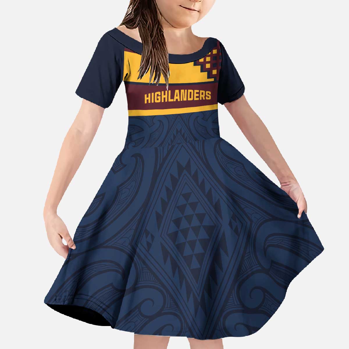 New Zealand Rugby Pacific Custom Family Matching Off The Shoulder Long Sleeve Dress and Hawaiian Shirt Kahupeka Retro 2025 Taniko Motif LT9 Daughter's Dress Blue - Polynesian Pride