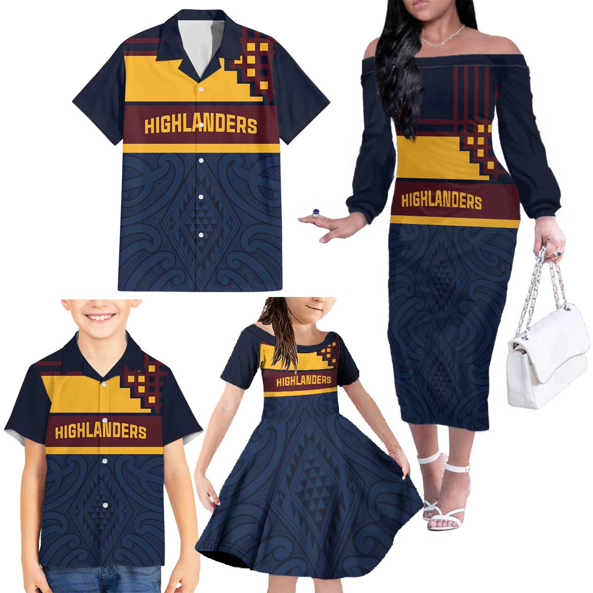 New Zealand Rugby Pacific Custom Family Matching Off The Shoulder Long Sleeve Dress and Hawaiian Shirt Kahupeka Retro 2025 Taniko Motif LT9 - Polynesian Pride