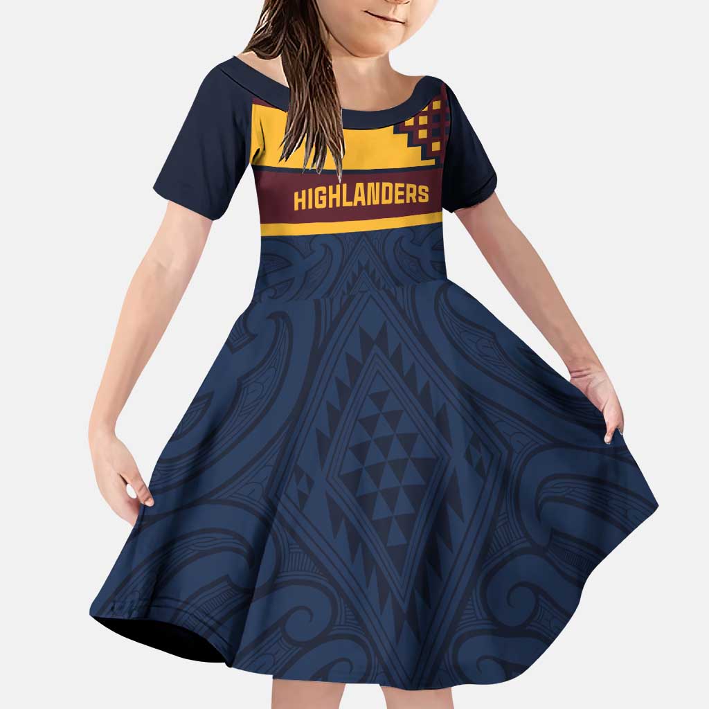 New Zealand Rugby Pacific Custom Family Matching Puletasi and Hawaiian Shirt Kahupeka Retro 2025 Taniko Motif LT9 Daughter's Dress Blue - Polynesian Pride