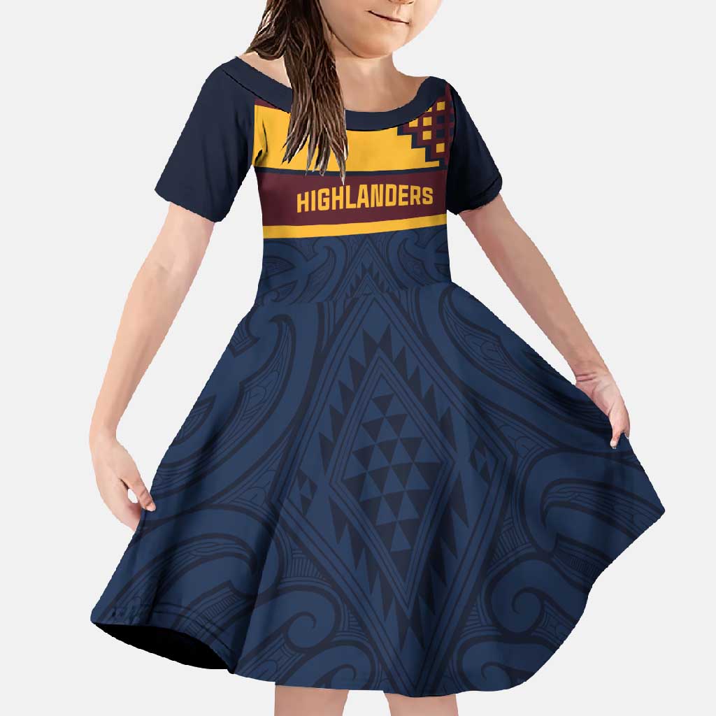 New Zealand Rugby Pacific Custom Family Matching Short Sleeve Bodycon Dress and Hawaiian Shirt Kahupeka Retro 2025 Taniko Motif LT9 Daughter's Dress Blue - Polynesian Pride