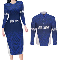 New Zealand Rugby Pacific Custom Couples Matching Long Sleeve Bodycon Dress and Long Sleeve Button Shirt Kahurangi Auckland All Blue LT9 Blue - Polynesian Pride