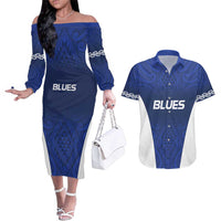 New Zealand Rugby Pacific Custom Couples Matching Off The Shoulder Long Sleeve Dress and Hawaiian Shirt Kahurangi Auckland All Blue LT9 Blue - Polynesian Pride