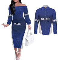 New Zealand Rugby Pacific Custom Couples Matching Off The Shoulder Long Sleeve Dress and Long Sleeve Button Shirt Kahurangi Auckland All Blue LT9 Blue - Polynesian Pride