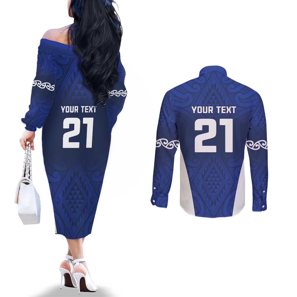 New Zealand Rugby Pacific Custom Couples Matching Off The Shoulder Long Sleeve Dress and Long Sleeve Button Shirt Kahurangi Auckland All Blue LT9 - Polynesian Pride