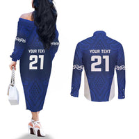 New Zealand Rugby Pacific Custom Couples Matching Off The Shoulder Long Sleeve Dress and Long Sleeve Button Shirt Kahurangi Auckland All Blue LT9 - Polynesian Pride