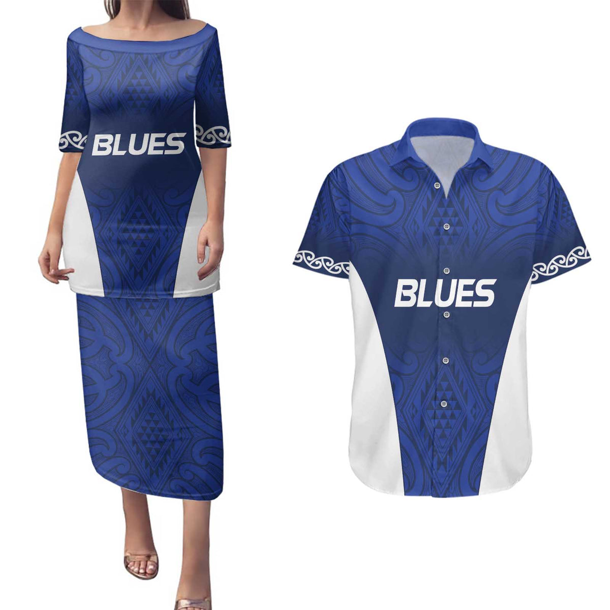 New Zealand Rugby Pacific Custom Couples Matching Puletasi and Hawaiian Shirt Kahurangi Auckland All Blue LT9 Blue - Polynesian Pride