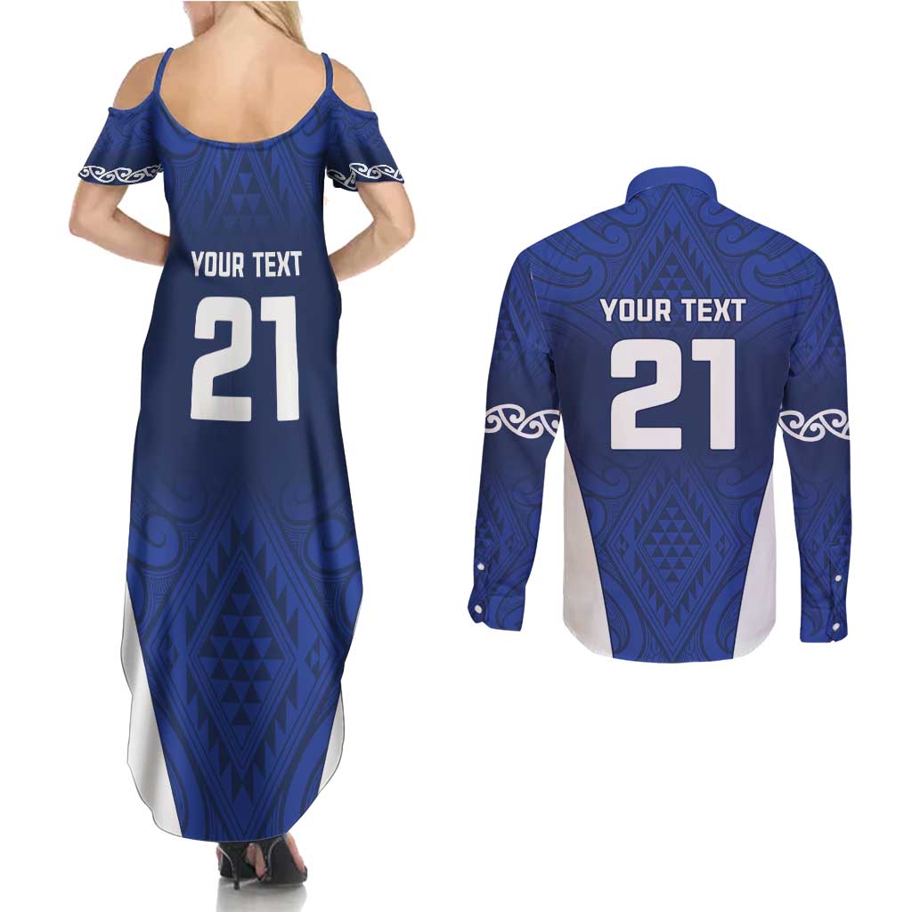 New Zealand Rugby Pacific Custom Couples Matching Summer Maxi Dress and Long Sleeve Button Shirt Kahurangi Auckland All Blue LT9 - Polynesian Pride