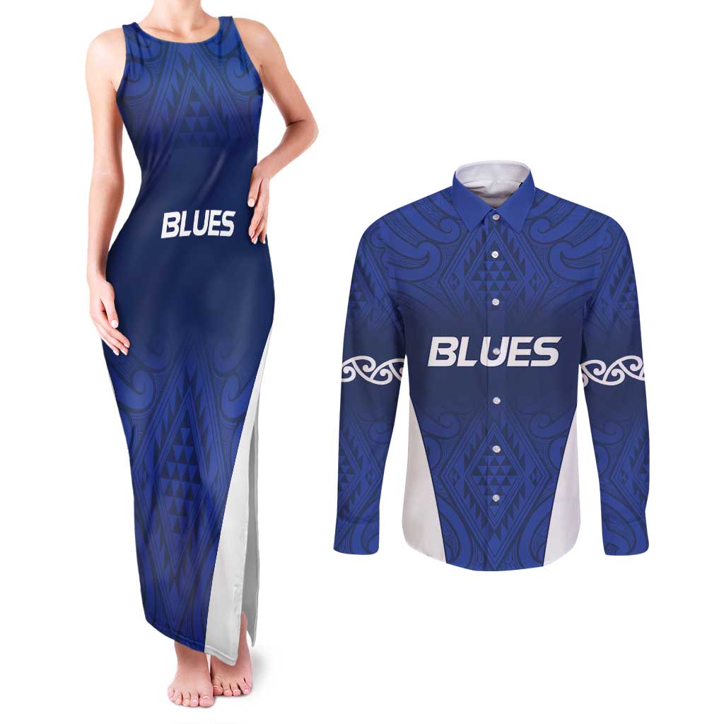 New Zealand Rugby Pacific Custom Couples Matching Tank Maxi Dress and Long Sleeve Button Shirt Kahurangi Auckland All Blue LT9 Blue - Polynesian Pride