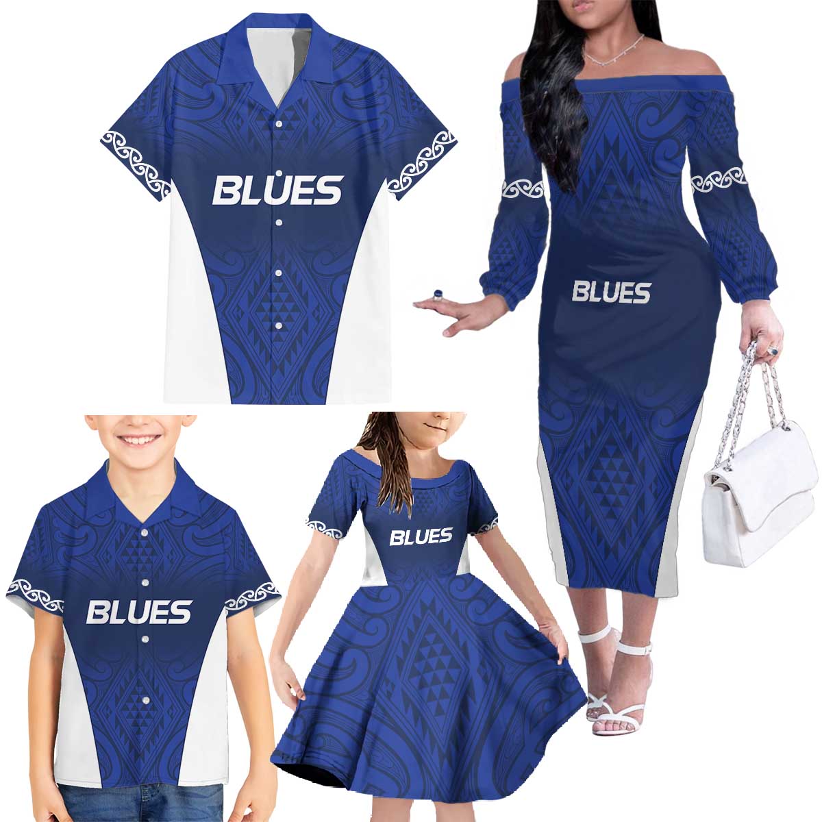New Zealand Rugby Pacific Custom Family Matching Off The Shoulder Long Sleeve Dress and Hawaiian Shirt Kahurangi Auckland All Blue LT9 - Polynesian Pride