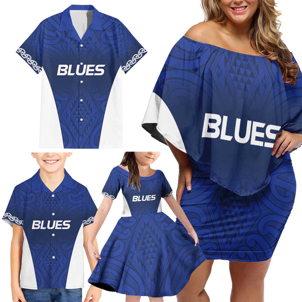 New Zealand Rugby Pacific Custom Family Matching Off Shoulder Short Dress and Hawaiian Shirt Kahurangi Auckland All Blue