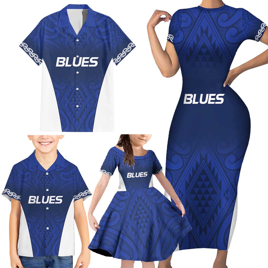 New Zealand Rugby Pacific Custom Family Matching Short Sleeve Bodycon Dress and Hawaiian Shirt Kahurangi Auckland All Blue LT9 - Polynesian Pride
