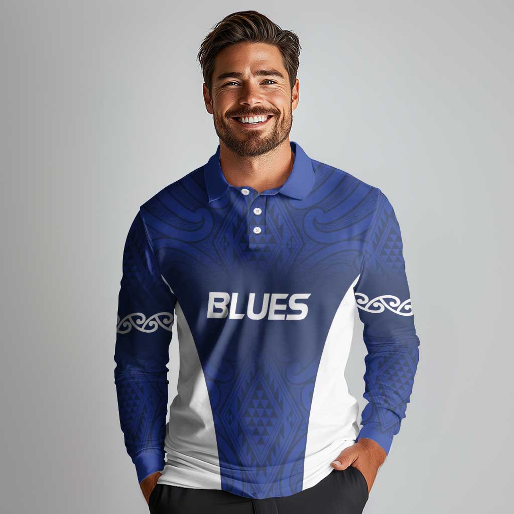 New Zealand Rugby Pacific Custom Long Sleeve Polo Shirt Kahurangi Auckland All Blue