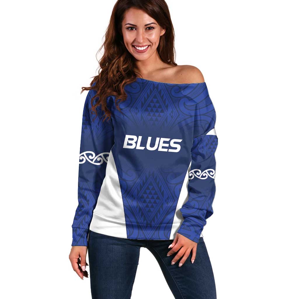 New Zealand Rugby Pacific Custom Off Shoulder Sweater Kahurangi Auckland All Blue LT9 Women Blue - Polynesian Pride