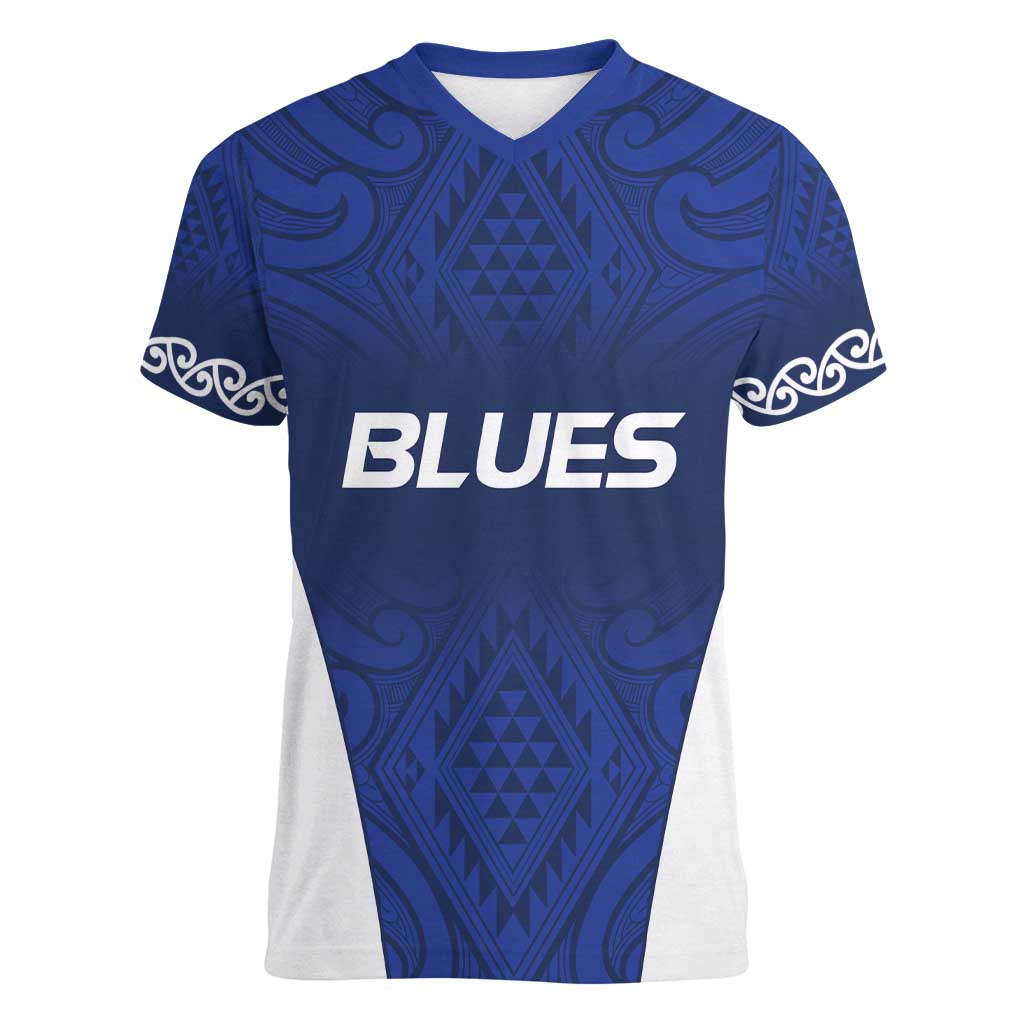 New Zealand Rugby Pacific Custom Women V-Neck T-Shirt Kahurangi Auckland All Blue