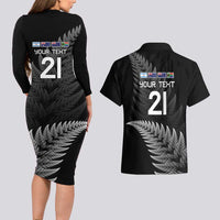 New Zealand Rugby Custom Couples Matching Long Sleeve Bodycon Dress and Hawaiian Shirt Glory Be To Black Silver-fern - Polynesian Pride