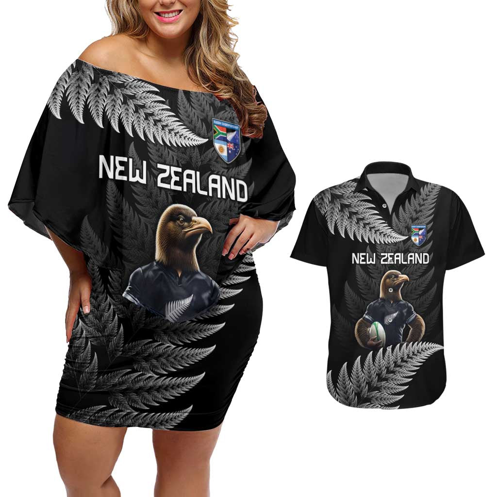 New Zealand Rugby Custom Couples Matching Off Shoulder Short Dress and Hawaiian Shirt Glory Be To Black Silver-fern - Polynesian Pride
