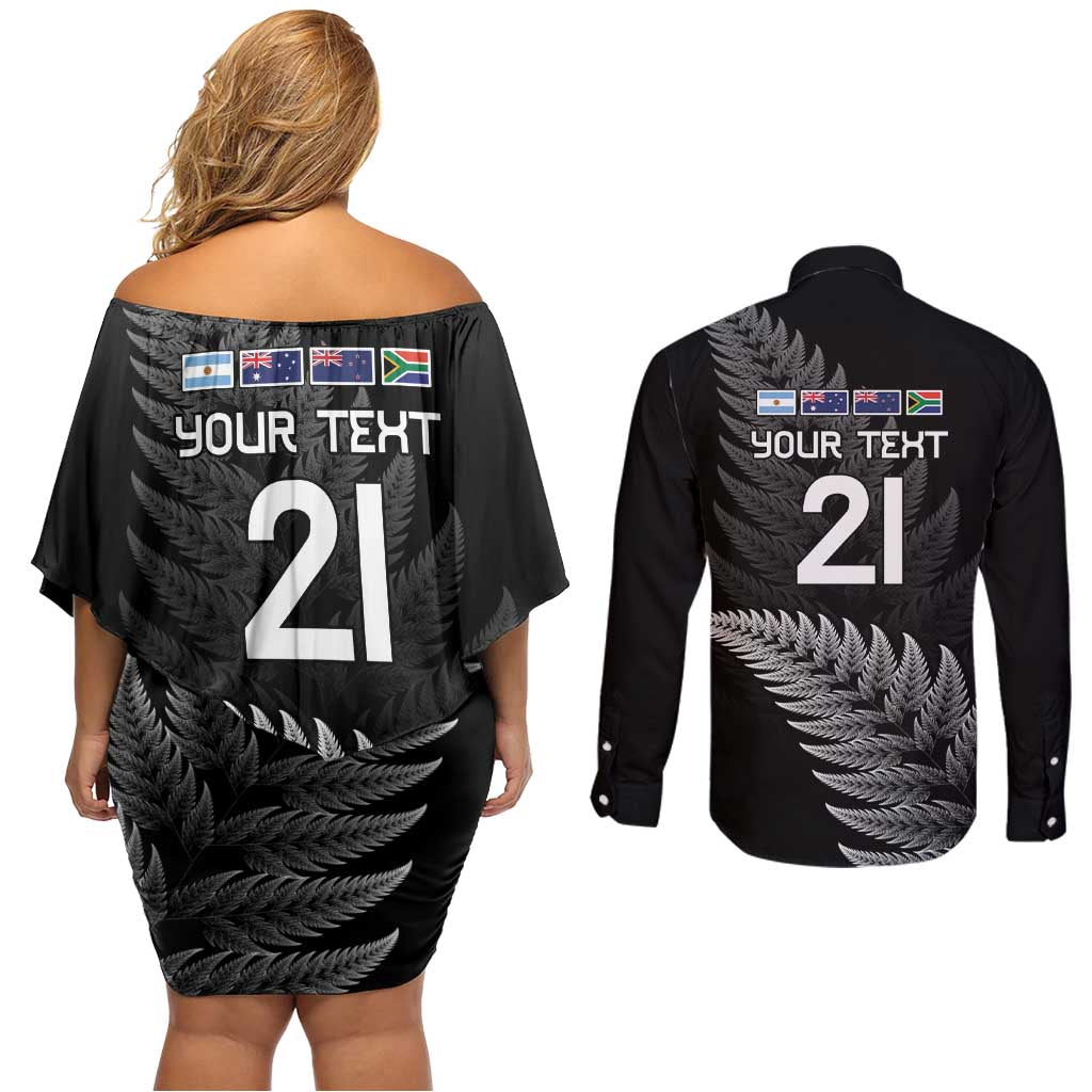 New Zealand Rugby Custom Couples Matching Off Shoulder Short Dress and Long Sleeve Button Shirt Glory Be To Black Silver-fern - Polynesian Pride