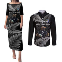 New Zealand Rugby Custom Couples Matching Puletasi and Long Sleeve Button Shirt Glory Be To Black Silver-fern - Polynesian Pride