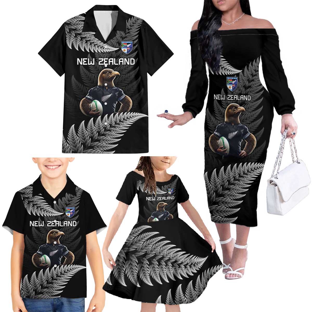 New Zealand Rugby Custom Family Matching Off The Shoulder Long Sleeve Dress and Hawaiian Shirt Glory Be To Black Silver-fern - Polynesian Pride