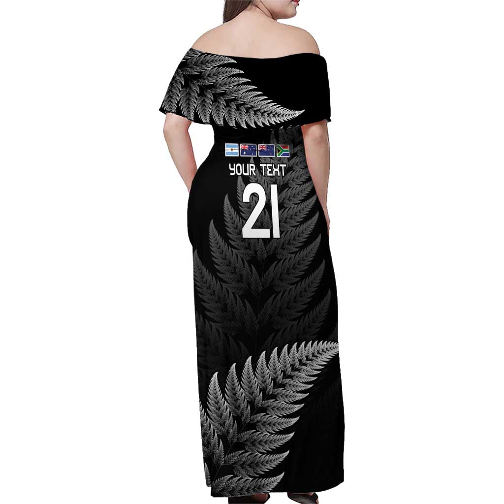 New Zealand Rugby Custom Family Matching Off Shoulder Maxi Dress and Hawaiian Shirt Glory Be To Black Silver-fern - Polynesian Pride