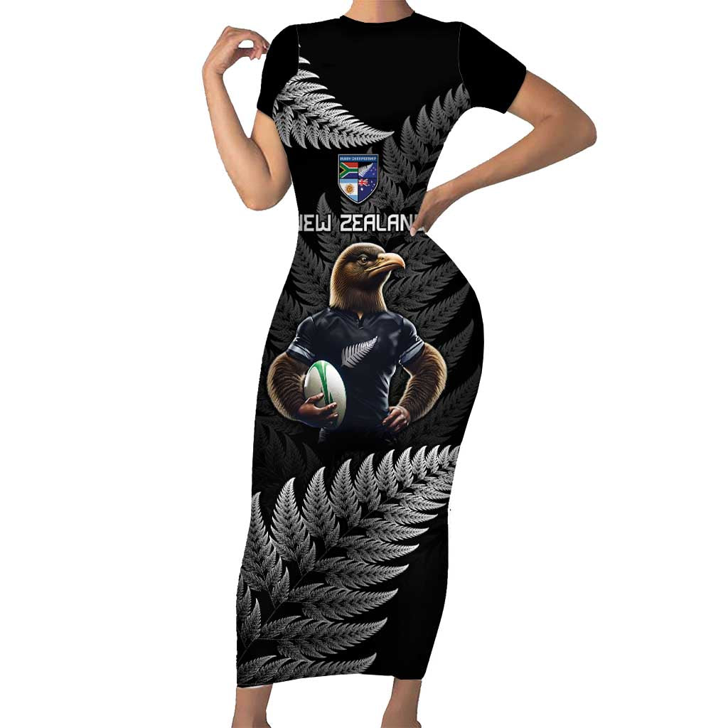 New Zealand Rugby Custom Short Sleeve Bodycon Dress Glory Be To Black Silver-fern - Polynesian Pride