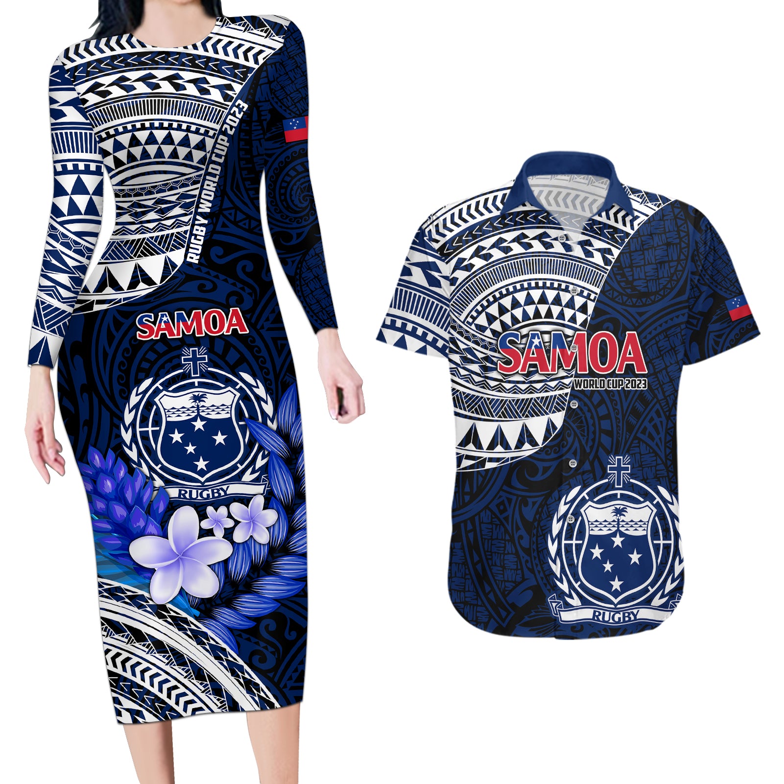 Samoa Rugby Couples Matching Long Sleeve Bodycon Dress and Hawaiian Shirt Proud Samoa World Cup 2023 LT9 Blue - Polynesian Pride