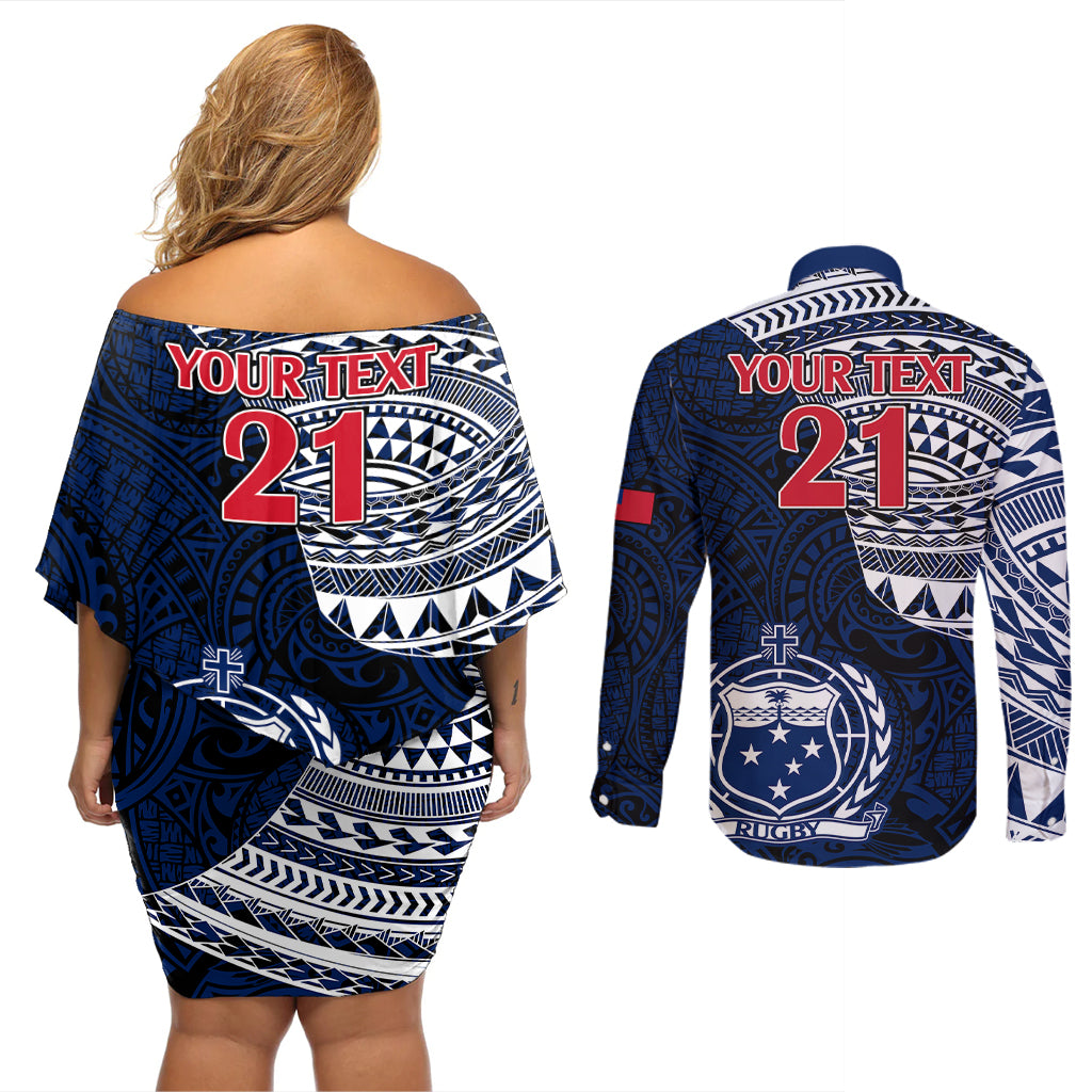 Custom Samoa Rugby Couples Matching Off Shoulder Short Dress and Long Sleeve Button Shirts Proud Samoa World Cup 2023 LT9 - Polynesian Pride