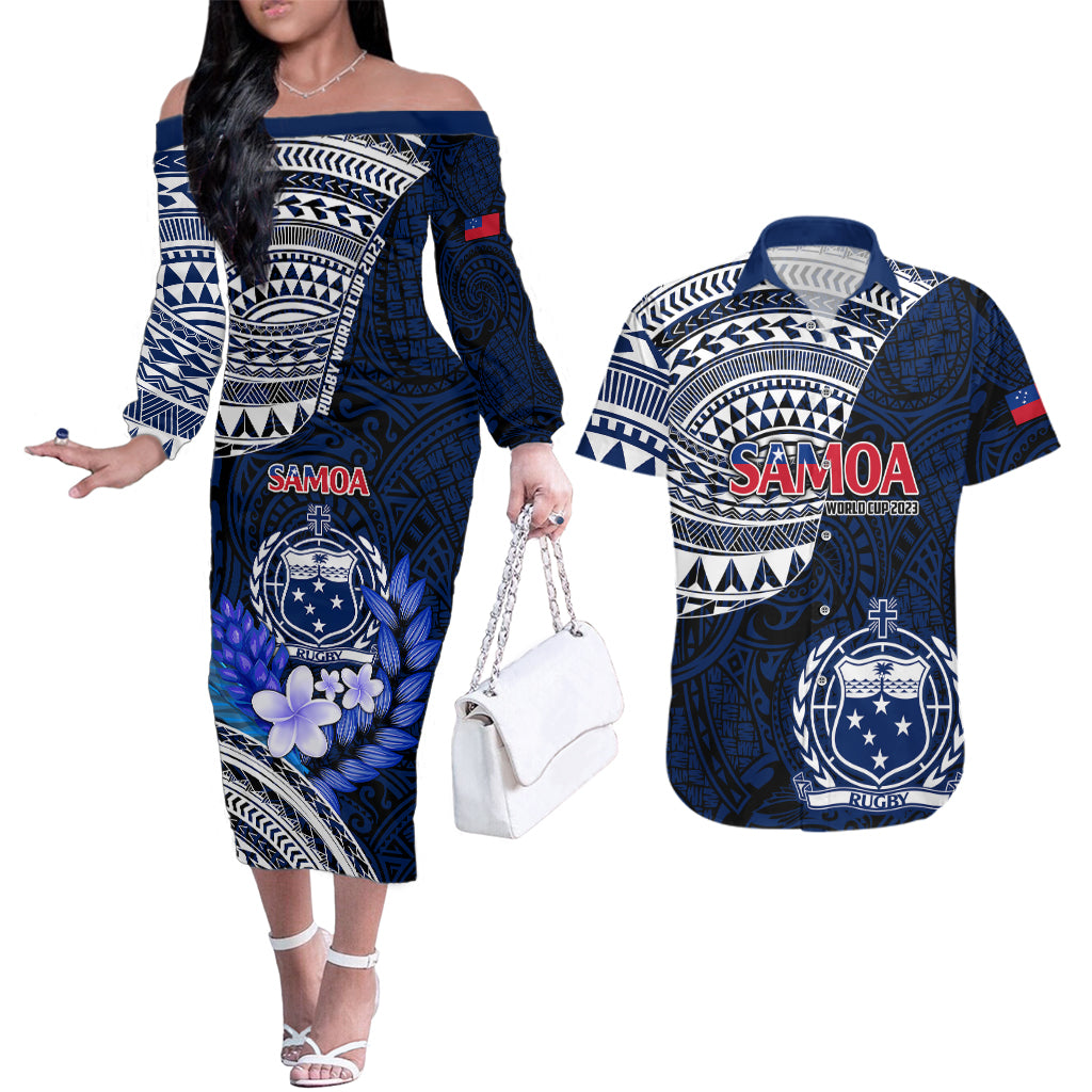 Custom Samoa Rugby Couples Matching Off The Shoulder Long Sleeve Dress and Hawaiian Shirt Proud Samoa World Cup 2023 LT9 Blue - Polynesian Pride