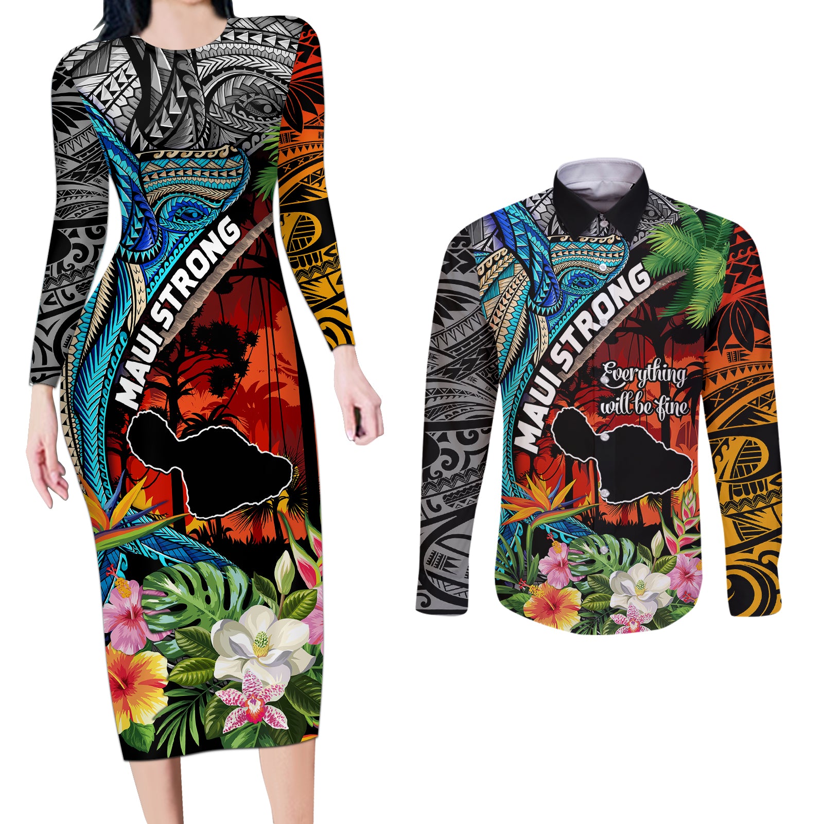 Hawaii Strong Maui Wildfire Couples Matching Long Sleeve Bodycon Dress and Long Sleeve Button Shirts Pray For Lahaina Maui LT9 Black - Polynesian Pride