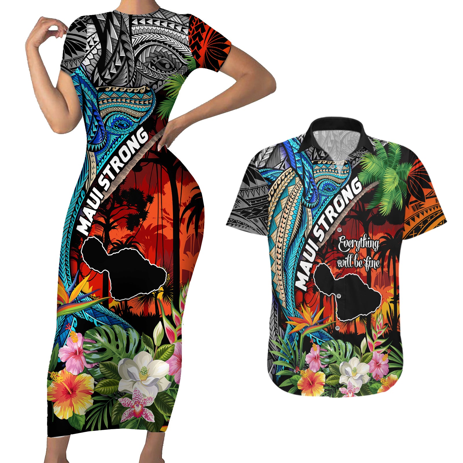 Hawaii Strong Maui Wildfire Couples Matching Short Sleeve Bodycon Dress and Hawaiian Shirt Pray For Lahaina Maui LT9 Black - Polynesian Pride