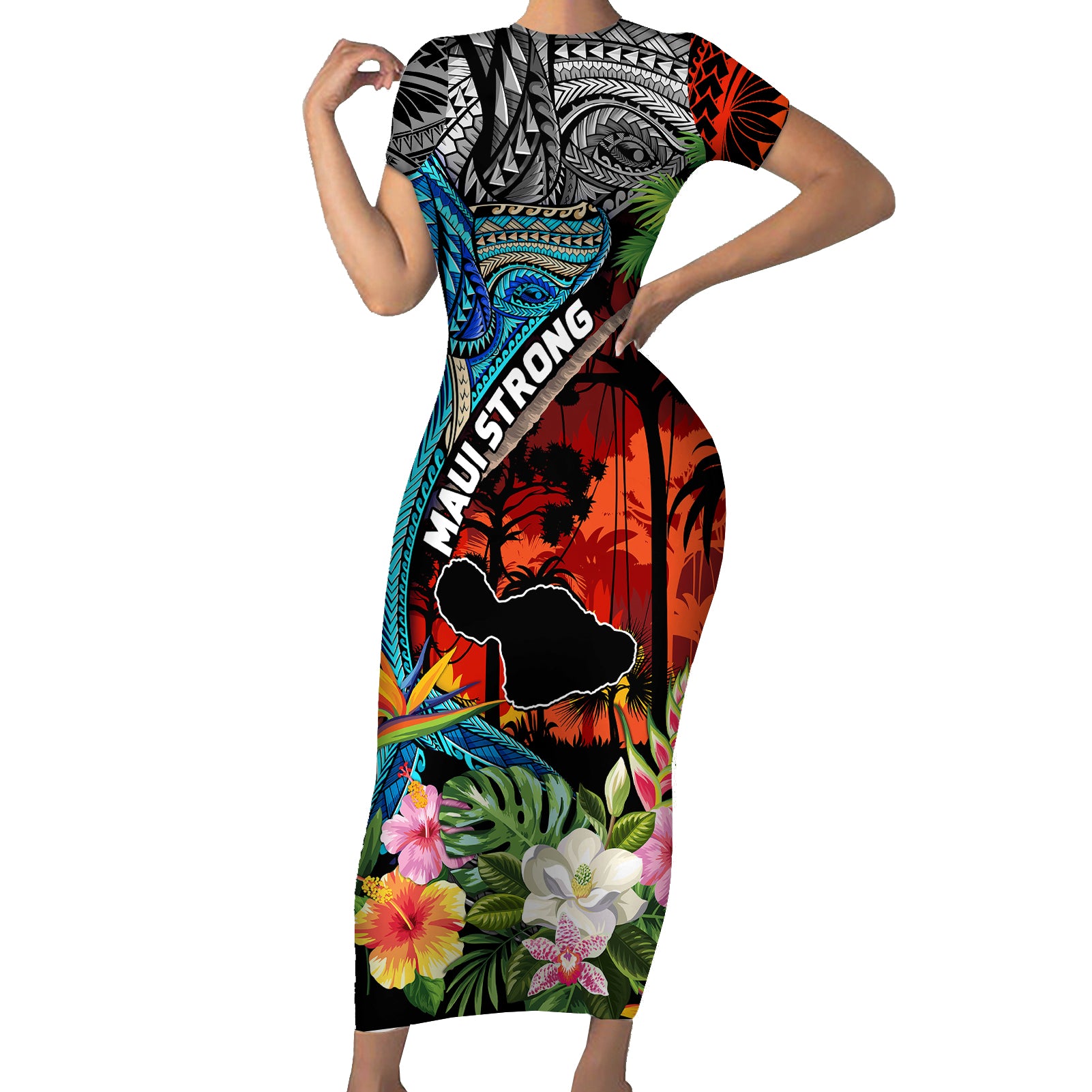 Hawaii Strong Maui Wildfire Short Sleeve Bodycon Dress Pray For Lahaina Maui LT9 Long Dress Black - Polynesian Pride