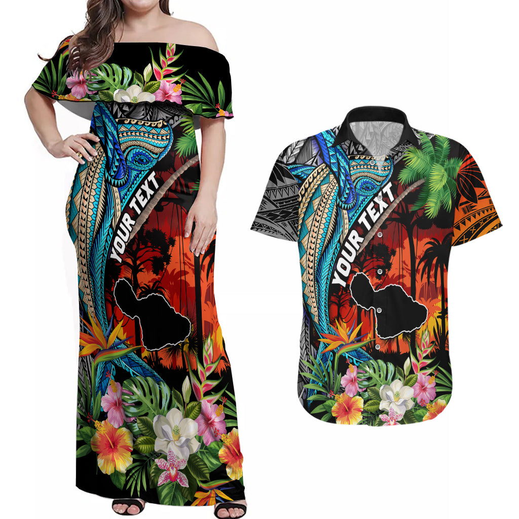 Personalised Hawaii Strong Maui Wildfire Couples Matching Off Shoulder Maxi Dress and Hawaiian Shirt Pray For Lahaina Maui LT9 Black - Polynesian Pride