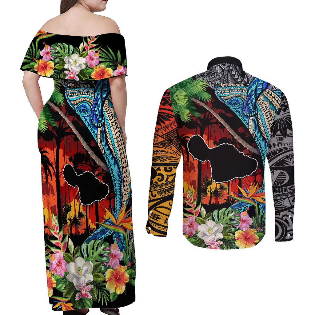 Personalised Hawaii Strong Maui Wildfire Couples Matching Off Shoulder Maxi Dress and Long Sleeve Button Shirts Pray For Lahaina Maui LT9 - Polynesian Pride