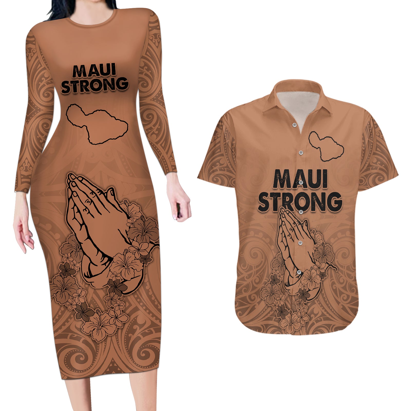 Hawaii Strong Maui Wildfire Couples Matching Long Sleeve Bodycon Dress and Hawaiian Shirt No1 LT9 Gold - Polynesian Pride