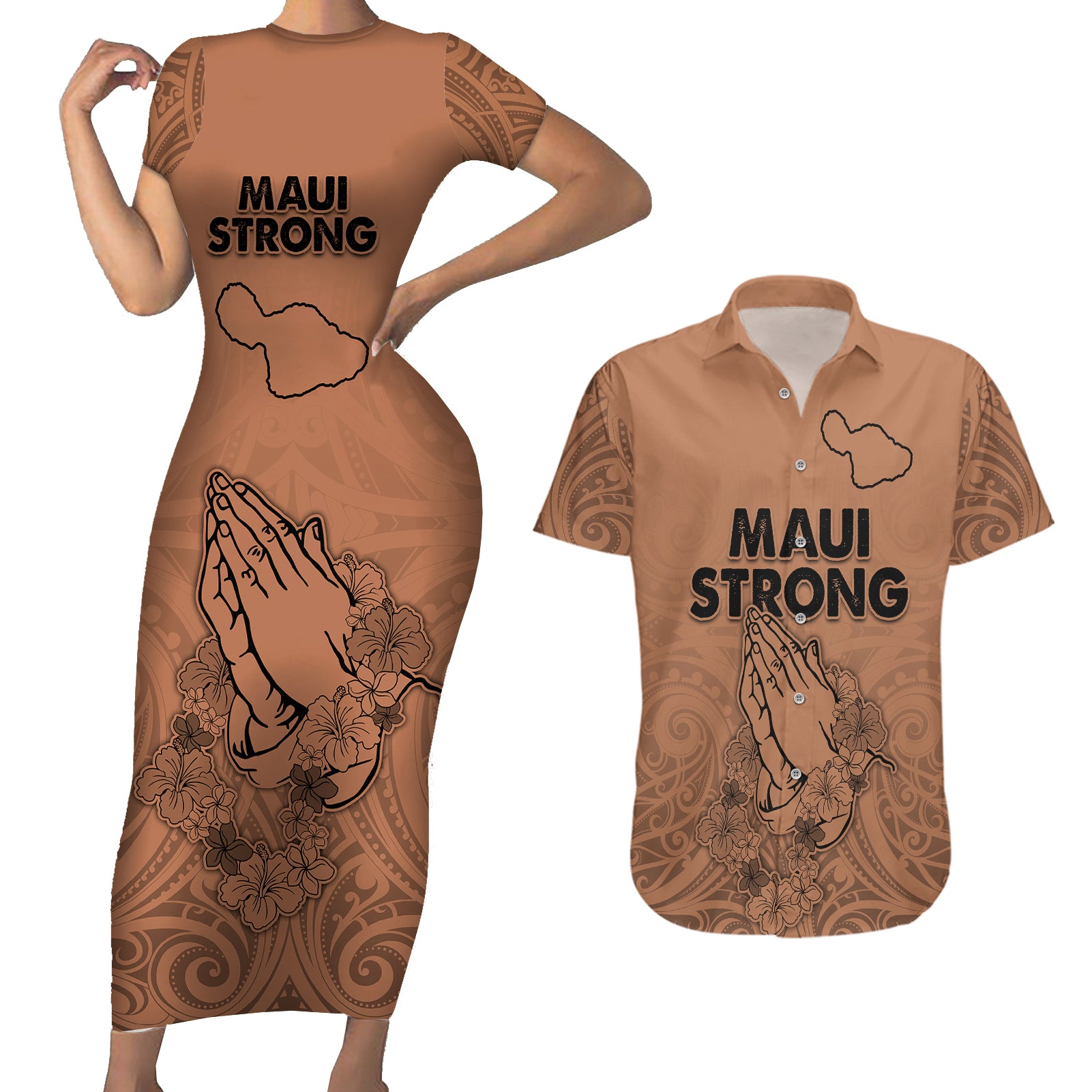 Hawaii Strong Maui Wildfire Couples Matching Short Sleeve Bodycon Dress and Hawaiian Shirt No1 LT9 Gold - Polynesian Pride