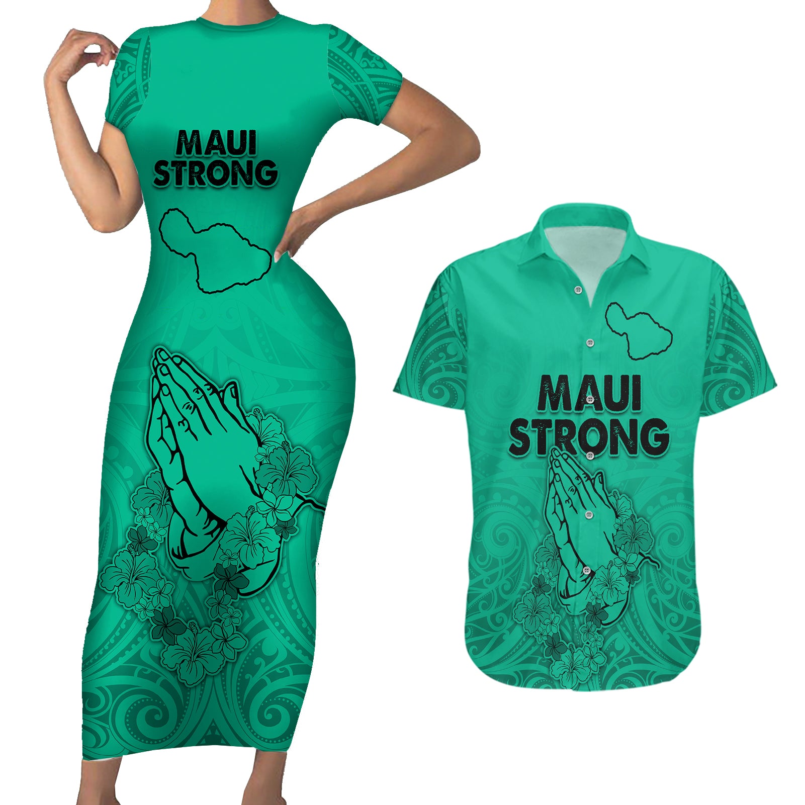 Hawaii Strong Maui Wildfire Couples Matching Short Sleeve Bodycon Dress and Hawaiian Shirt No2 LT9 Green - Polynesian Pride