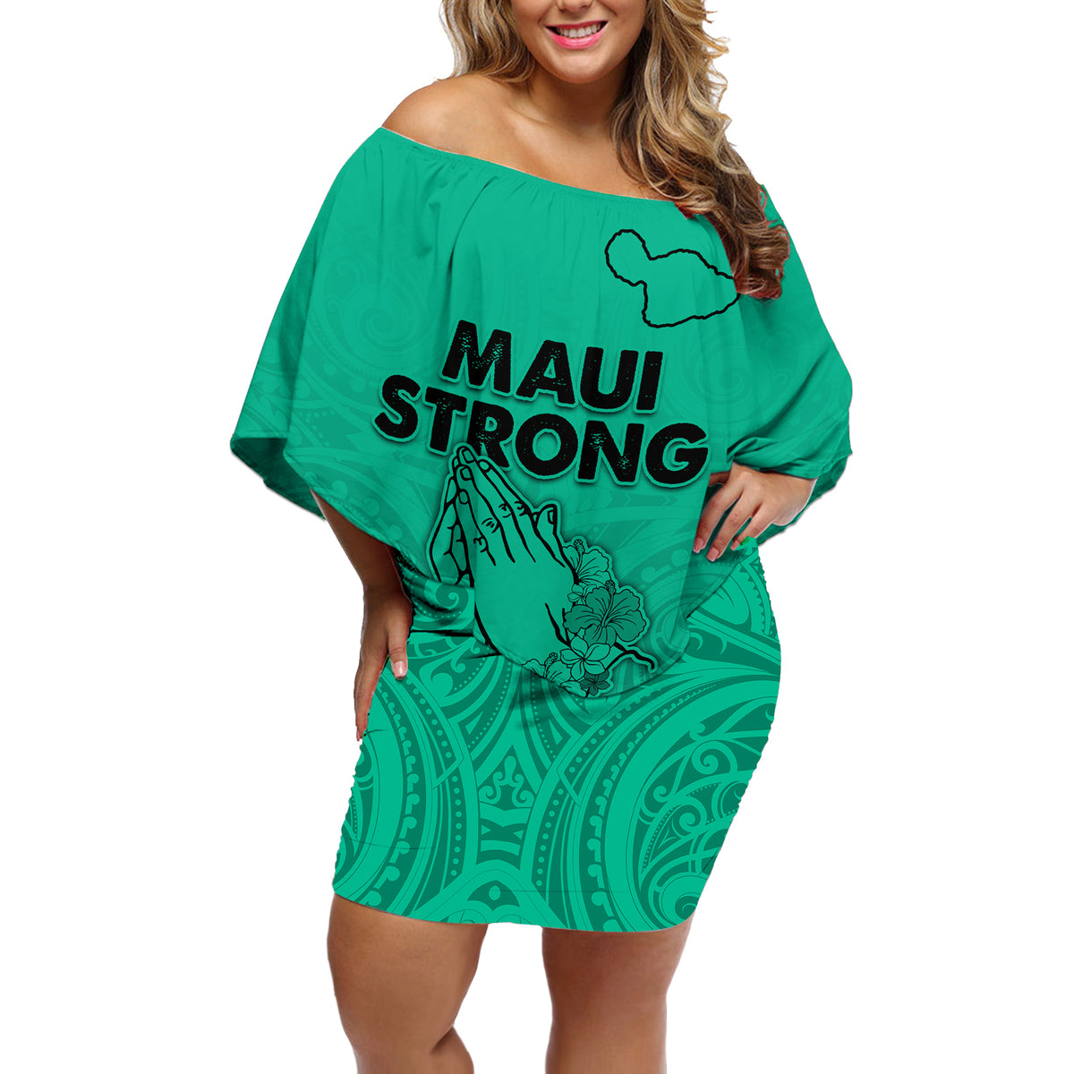 Hawaii Strong Maui Wildfire Off Shoulder Short Dress No2 LT9 Women Green - Polynesian Pride