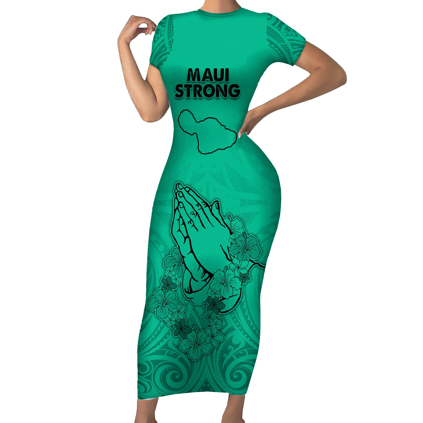 Hawaii Strong Maui Wildfire Short Sleeve Bodycon Dress No2 LT9 Long Dress Green - Polynesian Pride