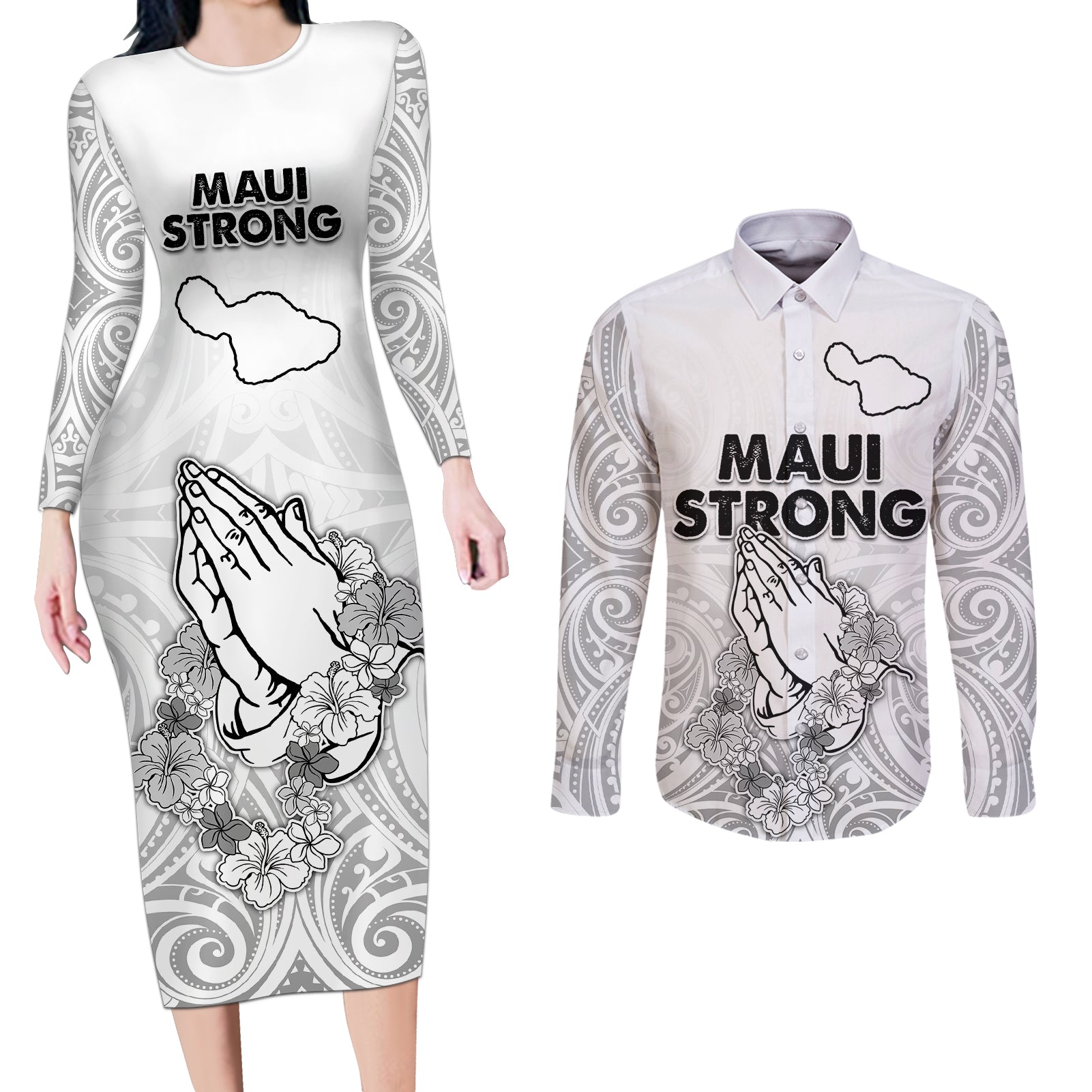 Hawaii Strong Maui Wildfire Couples Matching Long Sleeve Bodycon Dress and Long Sleeve Button Shirts No4 LT9 White - Polynesian Pride