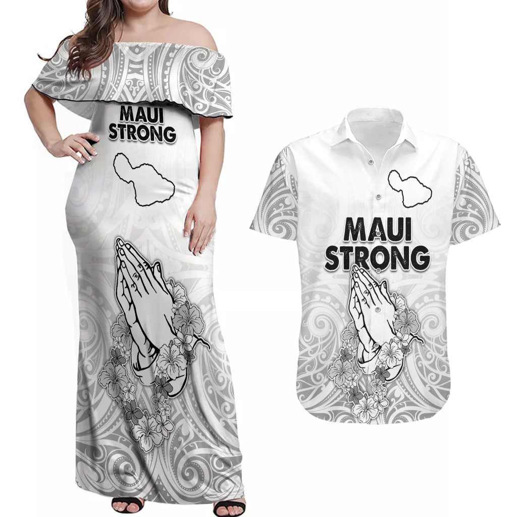 Hawaii Strong Maui Wildfire Couples Matching Off Shoulder Maxi Dress and Hawaiian Shirt No4 LT9 White - Polynesian Pride