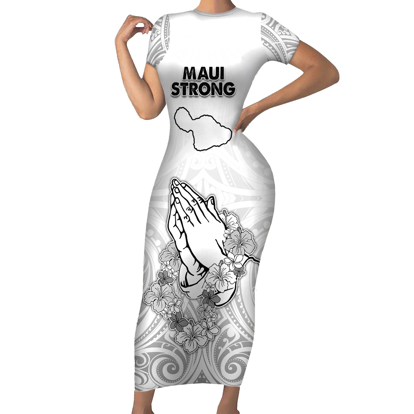 Hawaii Strong Maui Wildfire Short Sleeve Bodycon Dress No4 LT9 Long Dress White - Polynesian Pride