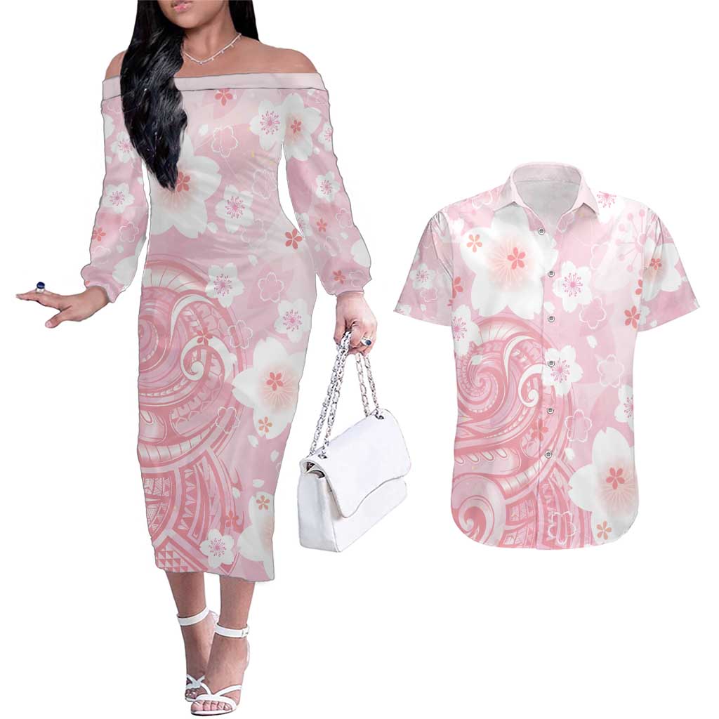 Japan Sakura Floral with Polynesian Vibe Couples Matching Off The Shoulder Long Sleeve Dress and Hawaiian Shirt
